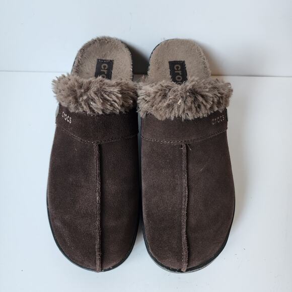 Crocs Clogs Womens Size 7 Cobbler Mule Slip On Wedges Suede Brown Fuzzy Lined - Picture 6 of 11